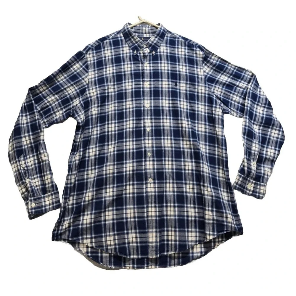 Ralph Lauren Mens 2X Indigo Oxford Plaid Button Down Shirt Blue Cotton Pony Logo